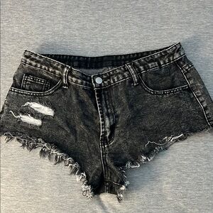 SHEIN Black Distressed Jean Shorts with Frayed Hem